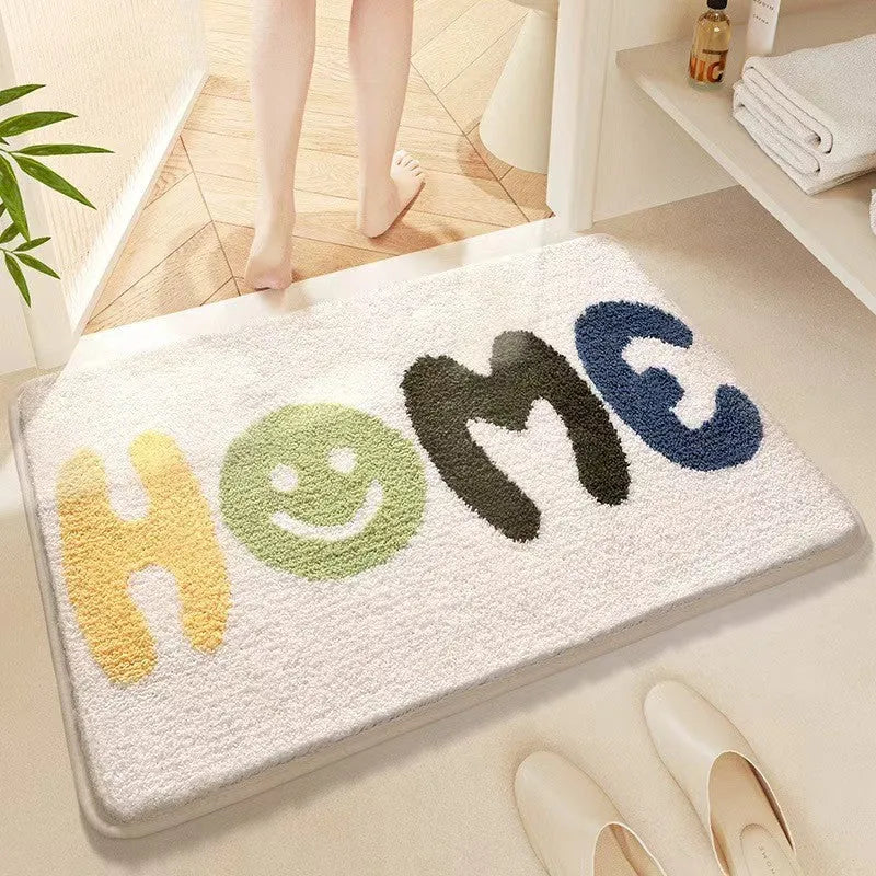 Cashmere carpet floor mat with rainbow pattern in sky sea colour showing plastic bottom layer
