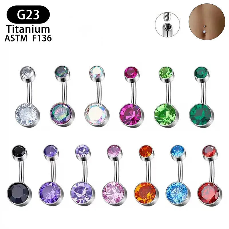 Double-headed titanium alloy navel stud with zirconium accents in various colours on a plain background.