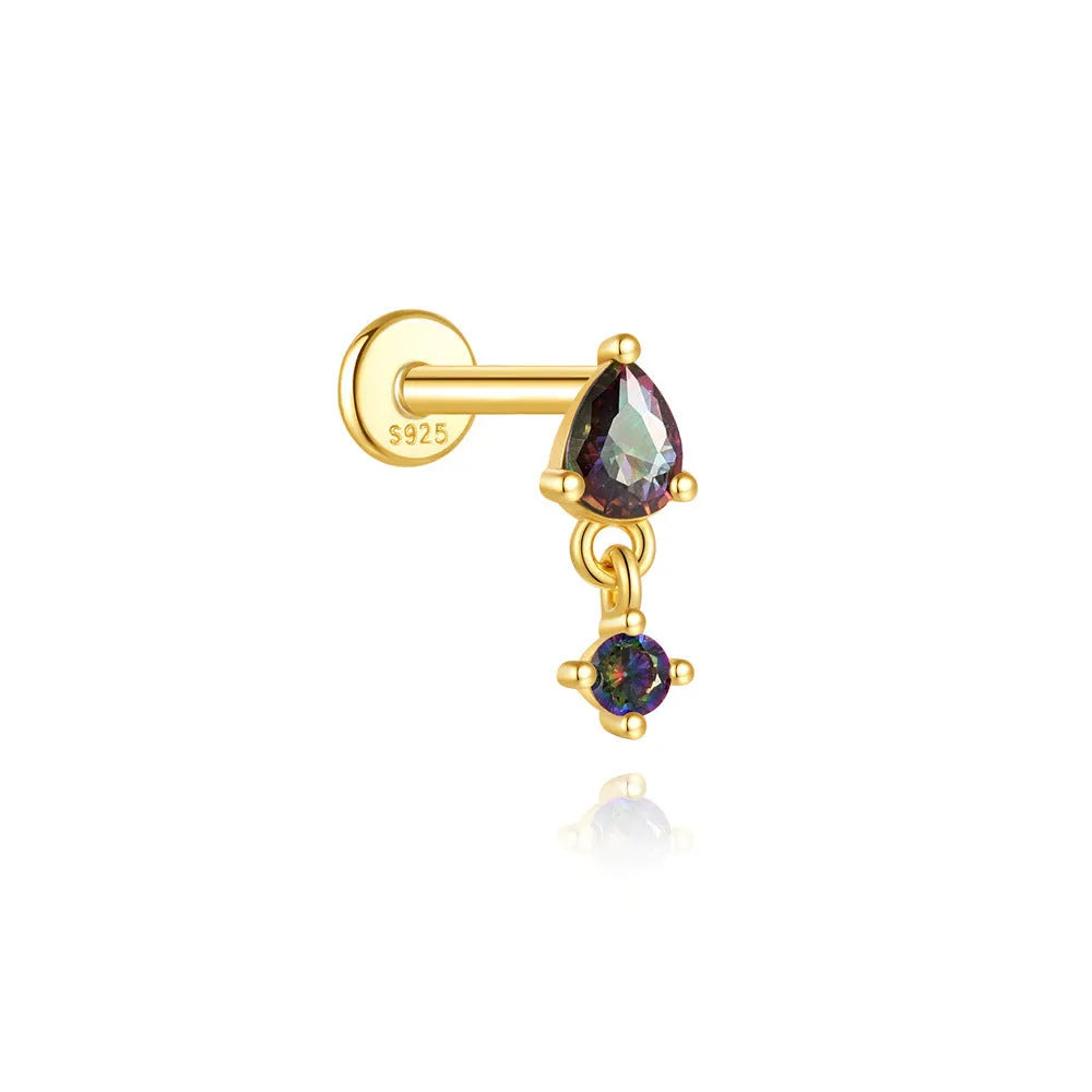 S925 sterling silver thread piercing with super shiny rainbow stone flat head in geometric shape