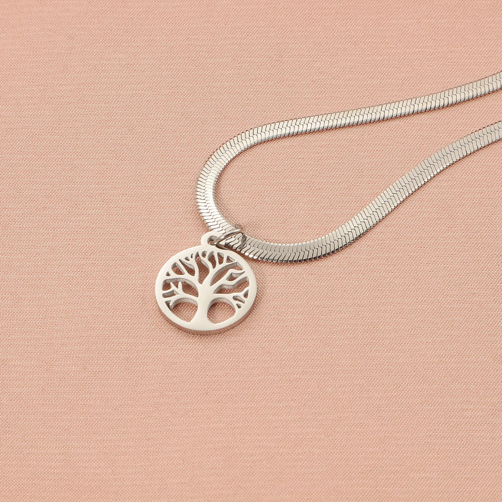 Stainless steel lucky tree necklace on snake bones chain, shown in gold and steel colour finishes.