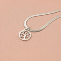 Stainless steel lucky tree necklace on snake bones chain, shown in gold and steel colour finishes.