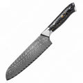 Eight-piece Damascus steel kitchen knife set with fishbone pattern, showing chef, utility, boning, steak, and fruit knives.