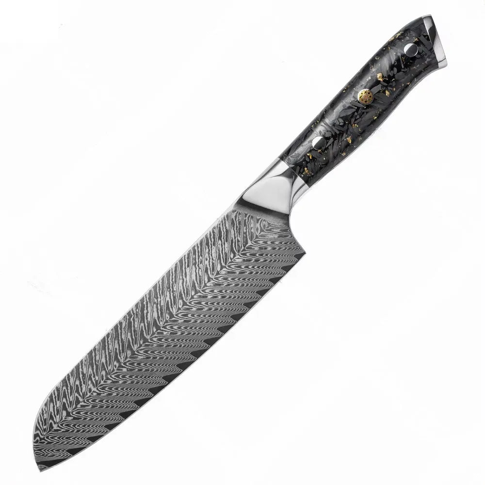 Eight-piece Damascus steel kitchen knife set with fishbone pattern, showing chef, utility, boning, steak, and fruit knives.