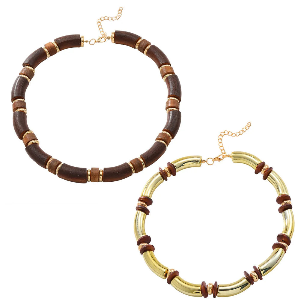 Women's multi-layer wooden necklace and bracelet set with alloy pendant, European exaggerated style