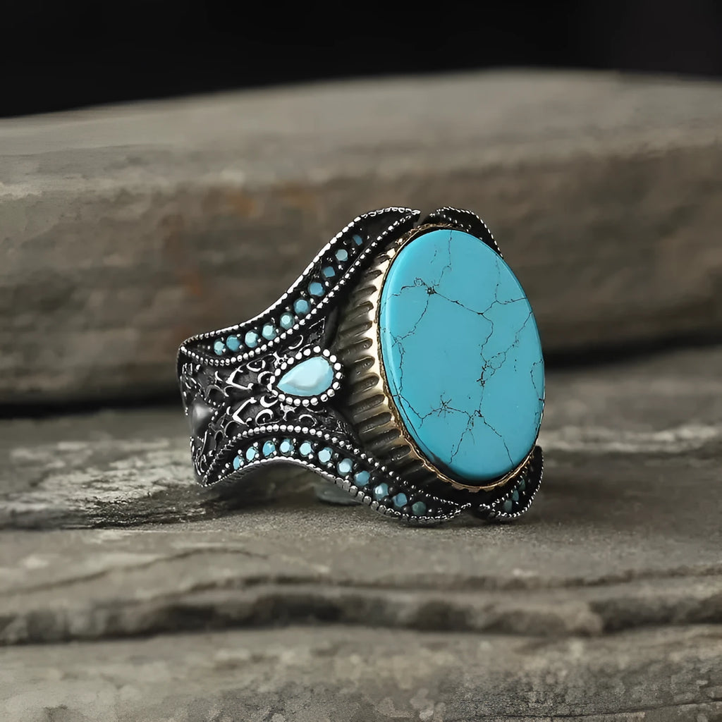 Men's antique silver alloy ring with round turquoise stone in simple setting