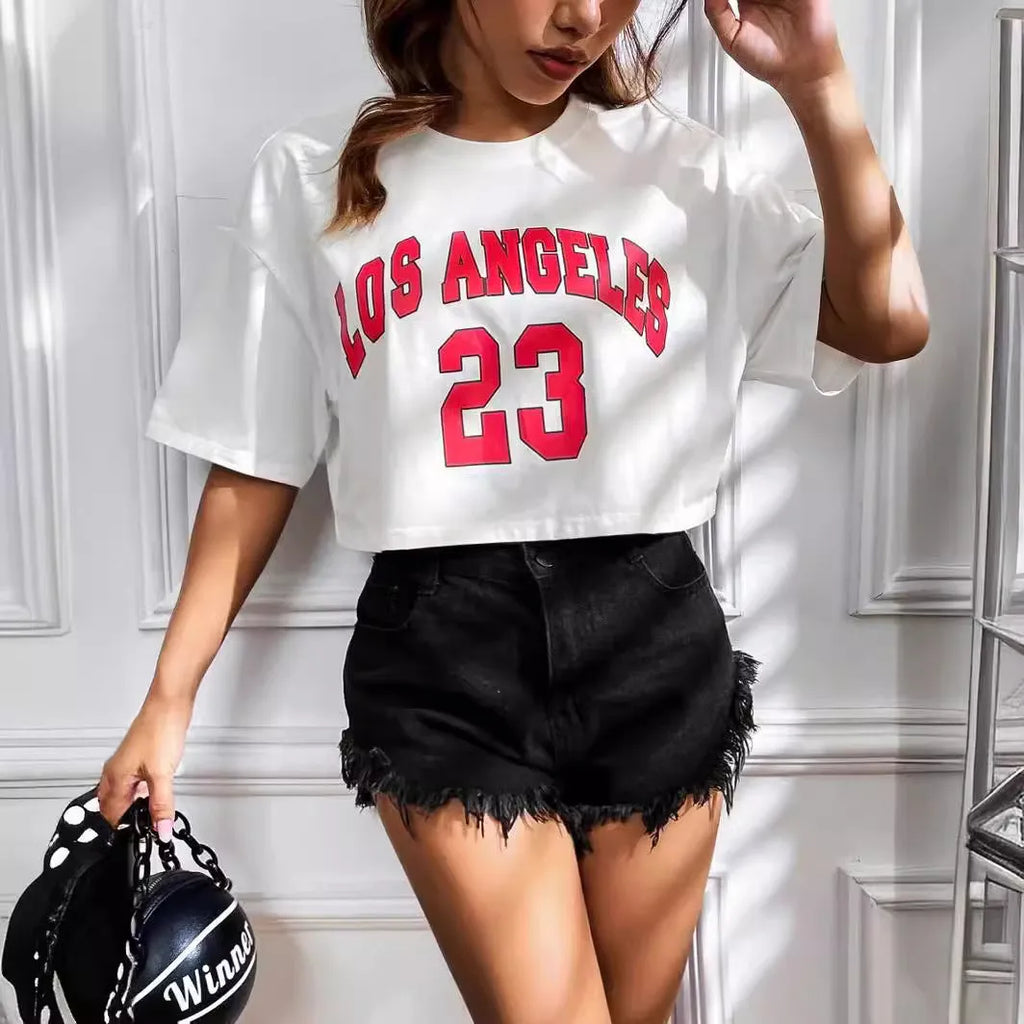 Black cotton crop top t-shirt with printed white English letters, navel-exposing design, loose casual fit
