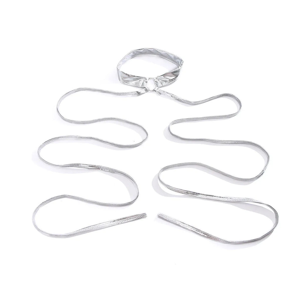 Silver alloy thigh chain with geometric design and adjustable lace-up cross closure