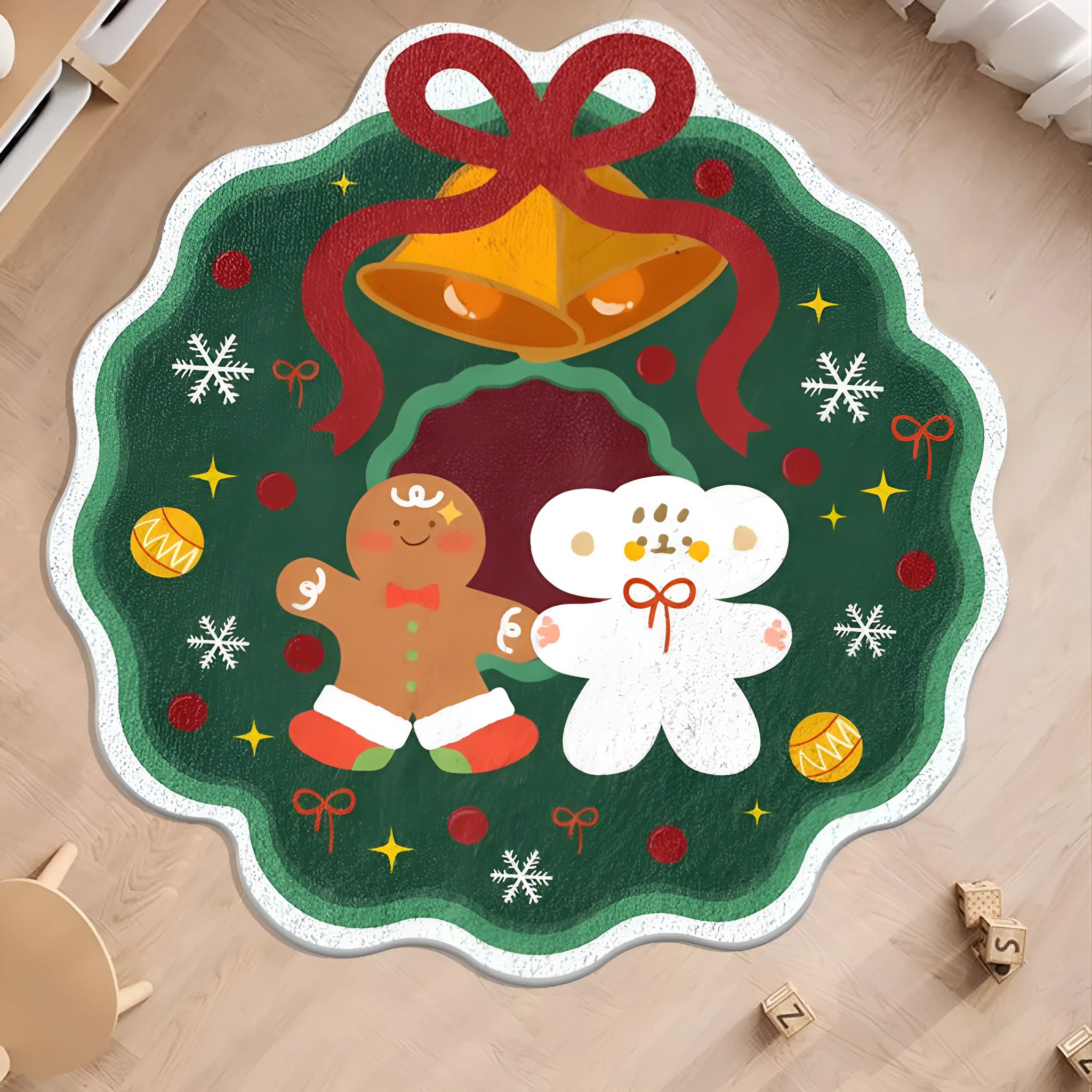 Alien-shaped round Christmas carpet with festive gingerbread man pattern on imitation cashmere material