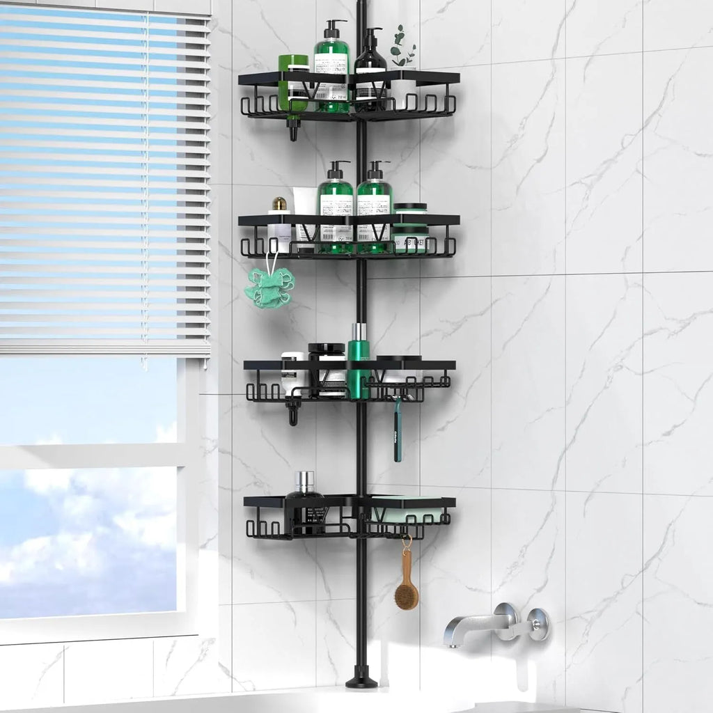 Hole-free retractable bathroom storage rack with four stainless steel shelves