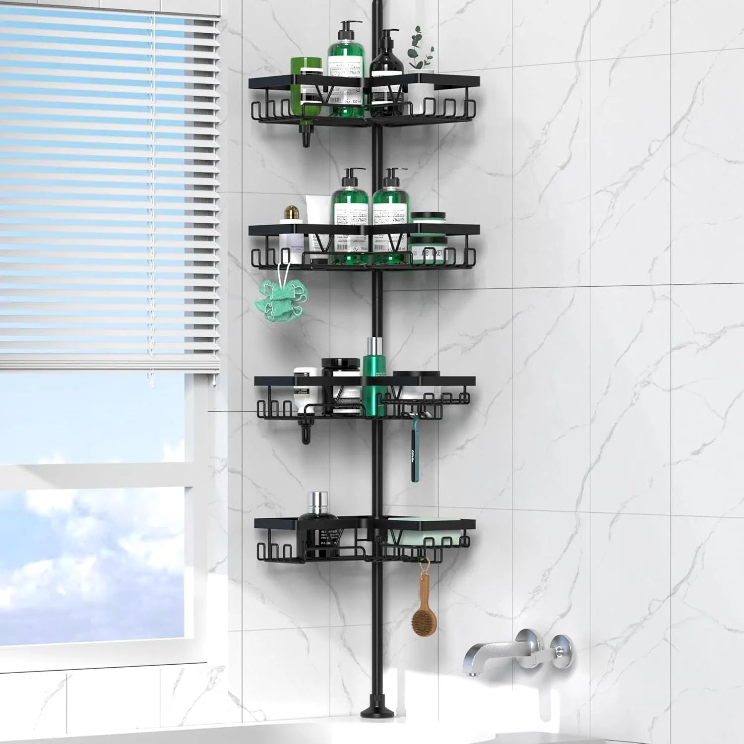 Hole-free retractable bathroom storage rack with four stainless steel shelves