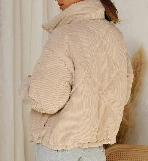 Apricot corduroy women's zip jacket with stand collar and long sleeves