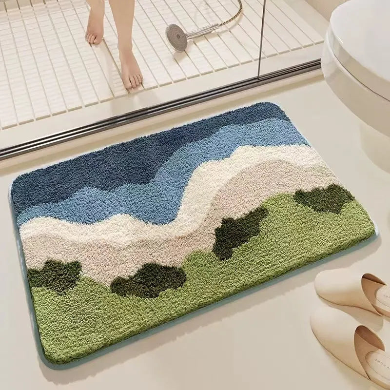 Cashmere carpet floor mat with rainbow pattern in sky sea colour showing plastic bottom layer