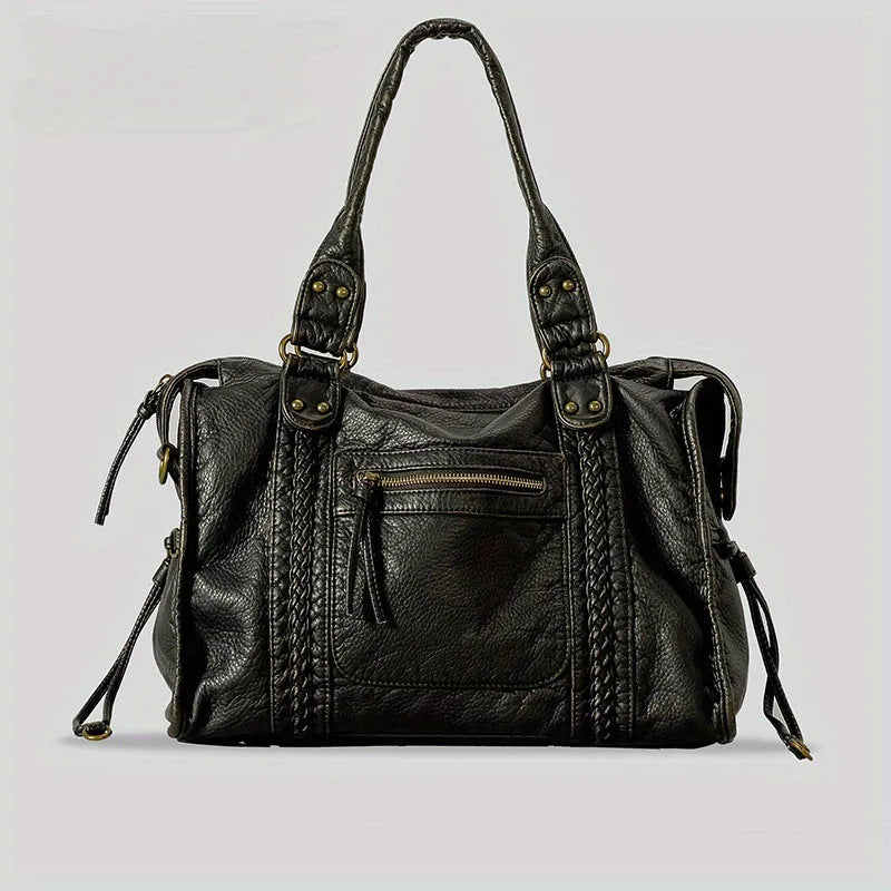 Women's brown French retro motorcycle messenger bag with woven decoration and shoulder strap