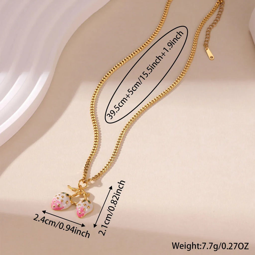 Strawberry fruit necklace pendant in stainless steel with red or white gradient colour on alloy chain