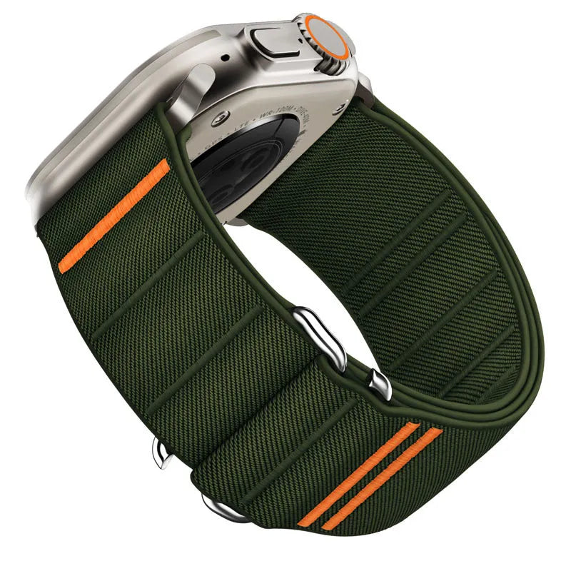 Elastic nylon Apple Watch band with stainless steel buckle shown in multiple colour options.