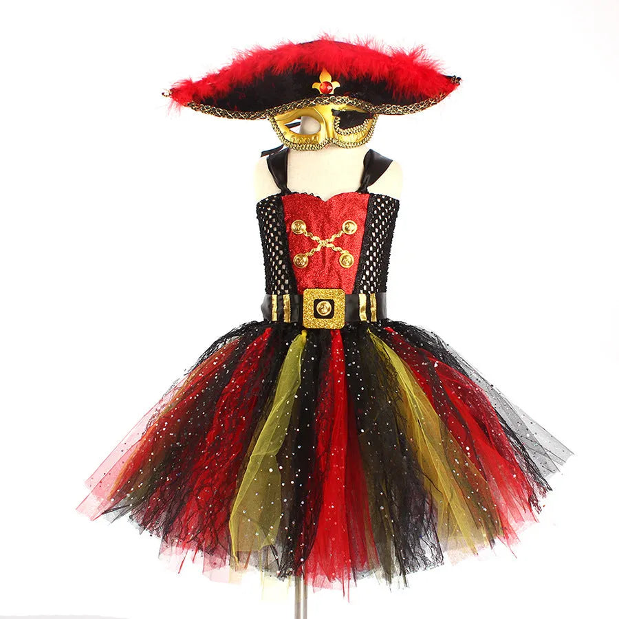 Girls pirates of the Caribbean Halloween costume dress with sequin gauze mesh lace details on pirate skirt
