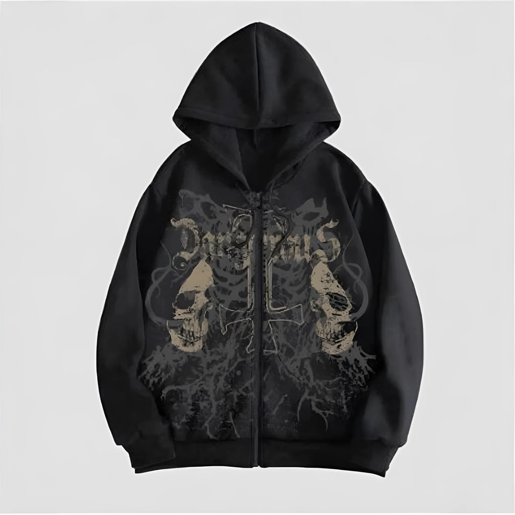 Men's black hooded sweatshirt with skull hot stamping print showing front view