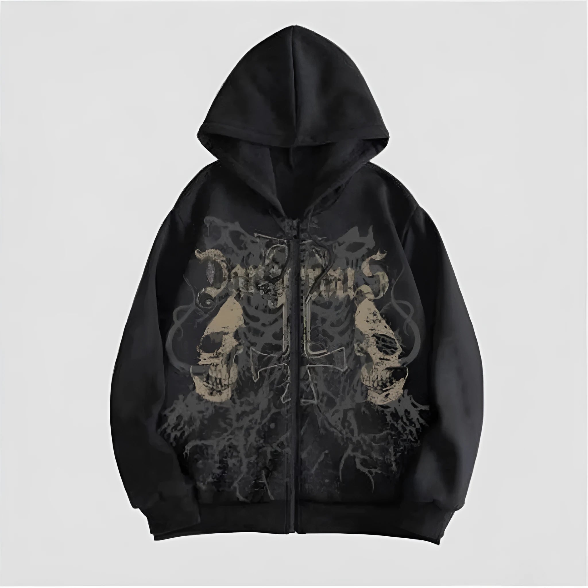 Men's black hooded sweatshirt with skull hot stamping print showing front view