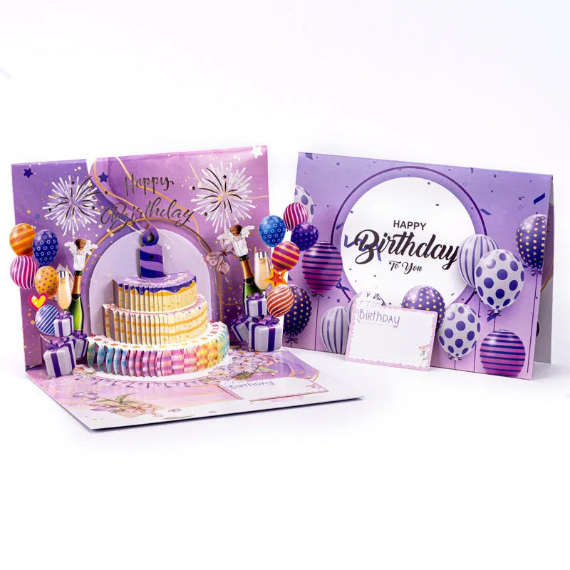 Chinese ink style birthday card with a 3D white cake pop-up and musical mechanism.