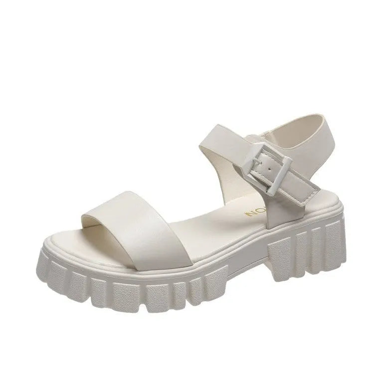 Women's beige platform sandals with peep toe and adjustable ankle-strap buckle closure