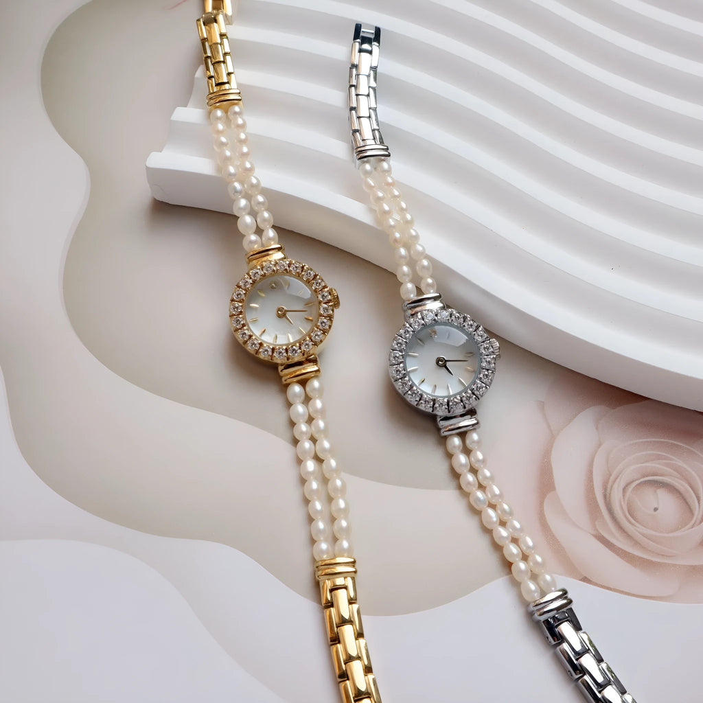 Women's light gold bracelet watch with natural freshwater pearls and 18mm round dial