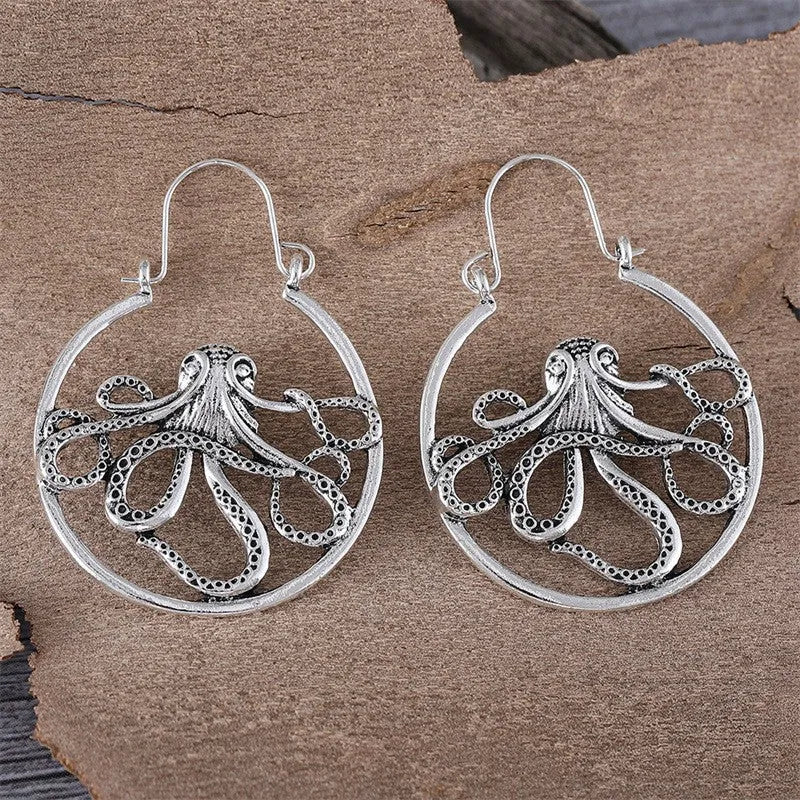 Antique silver octopus earrings with detailed modelling on zinc alloy base