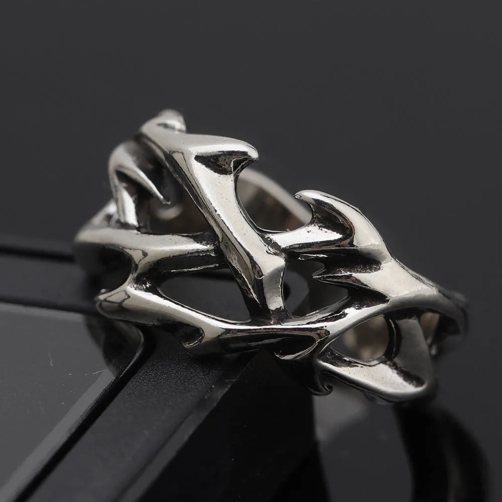 Copper geometric ring with thorn flower design and adjustable opening