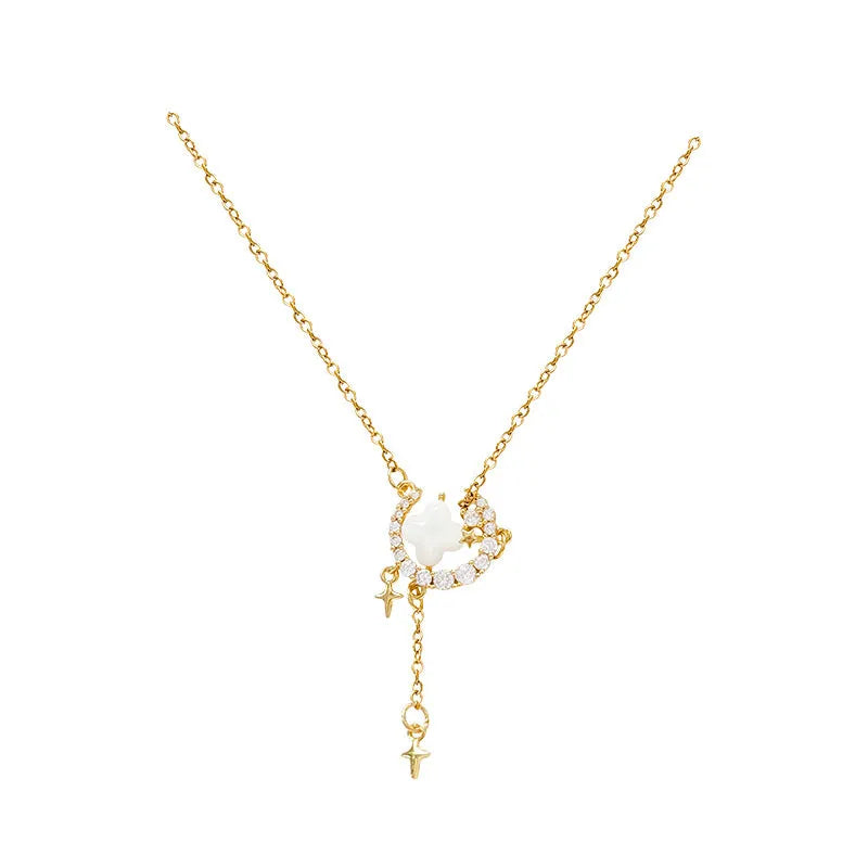 Women's star moon zirconium necklace with alloy pendant and adjustable copper chain in gold or silver