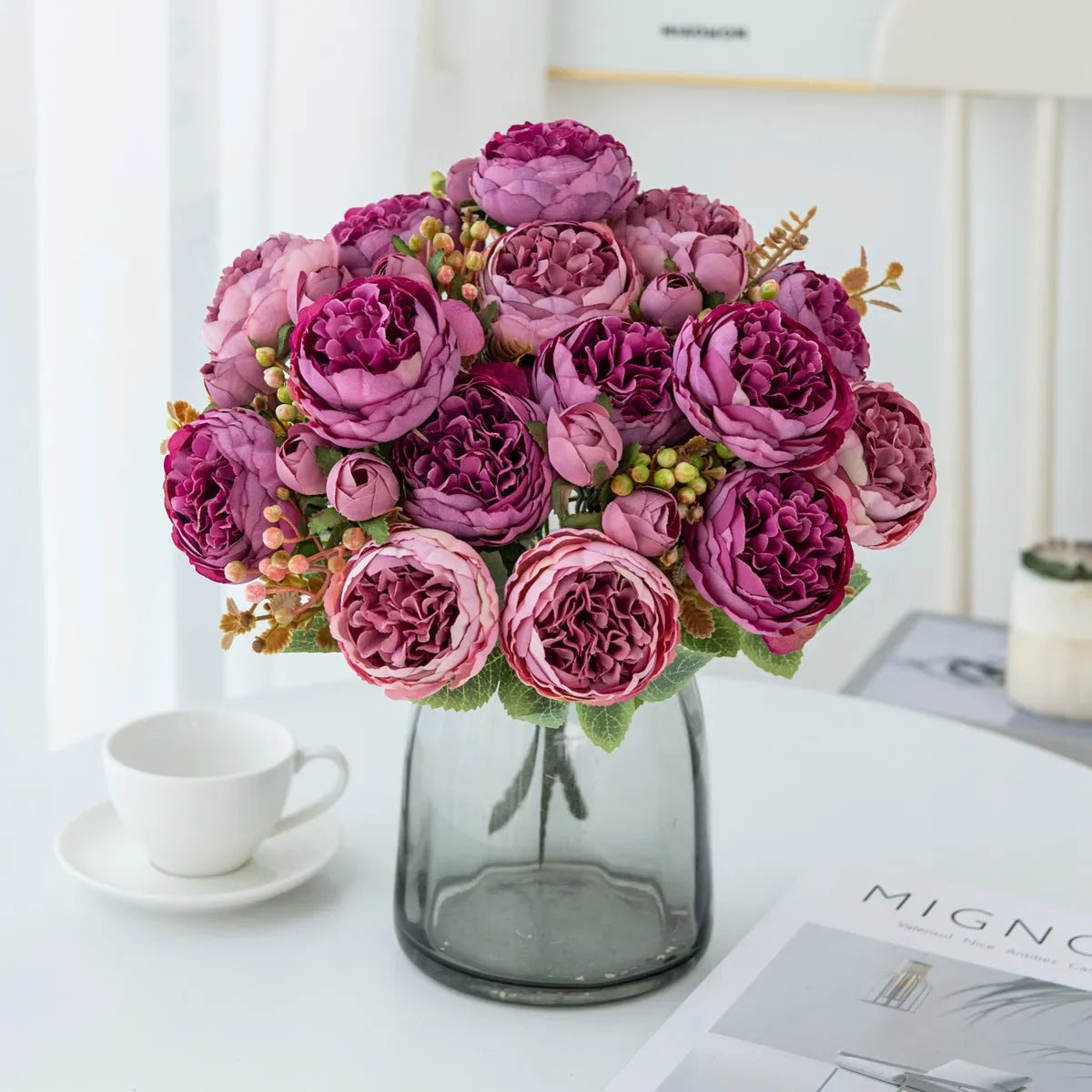 Artificial silk peony flower bouquet in champagne colour for home or wedding decoration