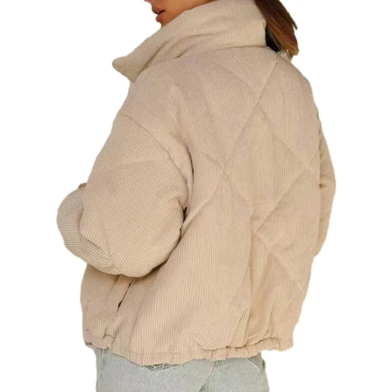 Apricot corduroy women's zip jacket with stand collar and long sleeves