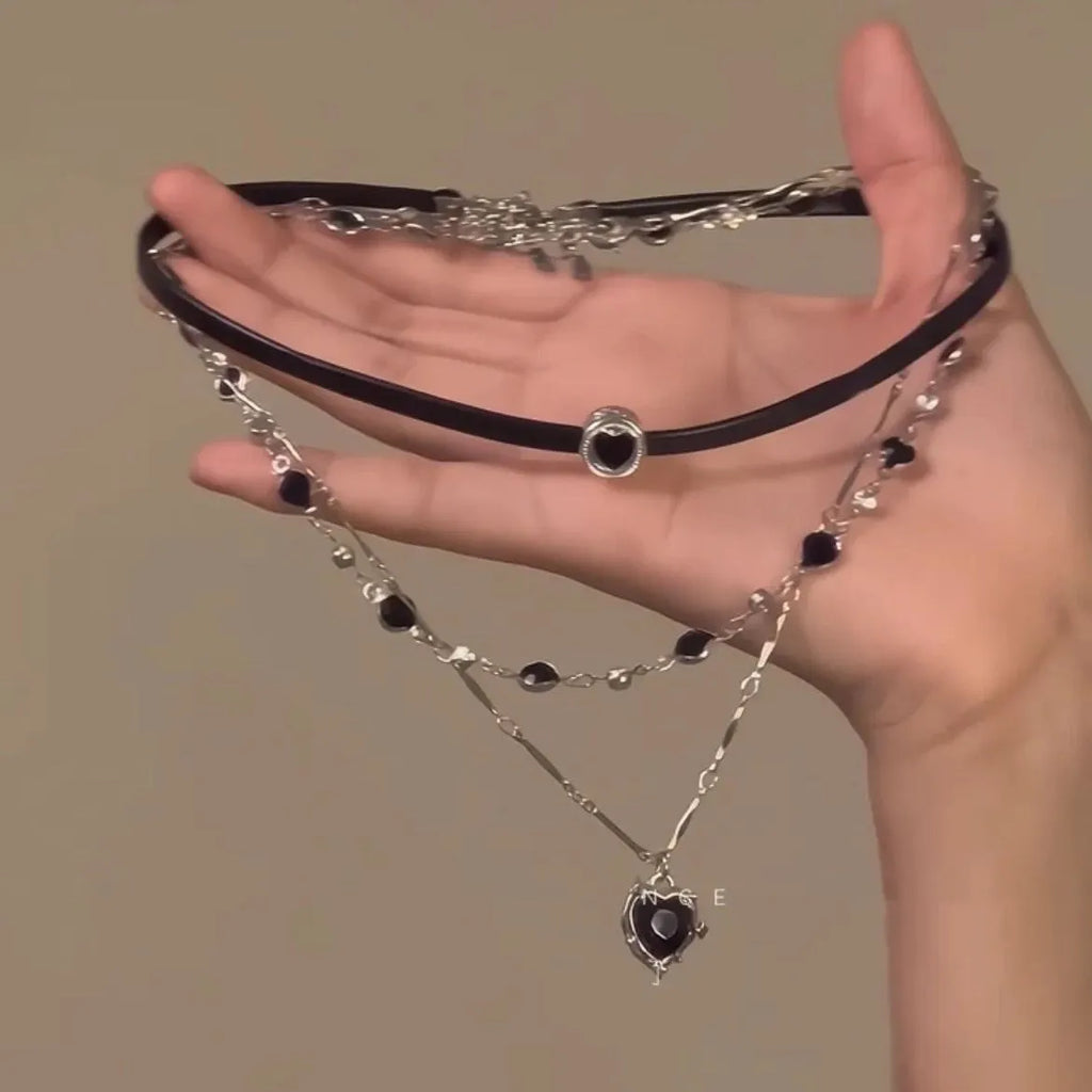 Women's multi-layer twin heart necklace with alloy pendant and artificial crystal elements on adjustable chain