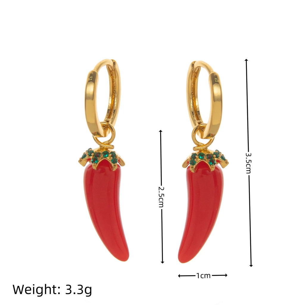 Gold plated fruit and vegetable design earrings in carrot, orange, blueberry, lemon, olive, peach, or chilli shapes.