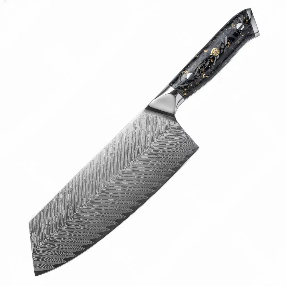 Eight-piece Damascus steel kitchen knife set with fishbone pattern, showing chef, utility, boning, steak, and fruit knives.