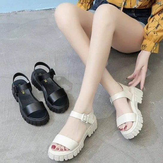 Women's beige platform sandals with peep toe and adjustable ankle-strap buckle closure