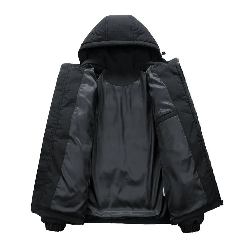 Men's black padded hooded coat with letter print design and side pockets in Korean style