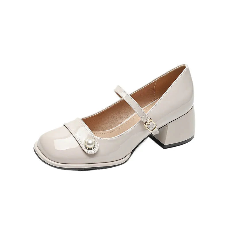 French style patent leather hiking pumps with chunky square-toe heel and buckle fastening in three colour options