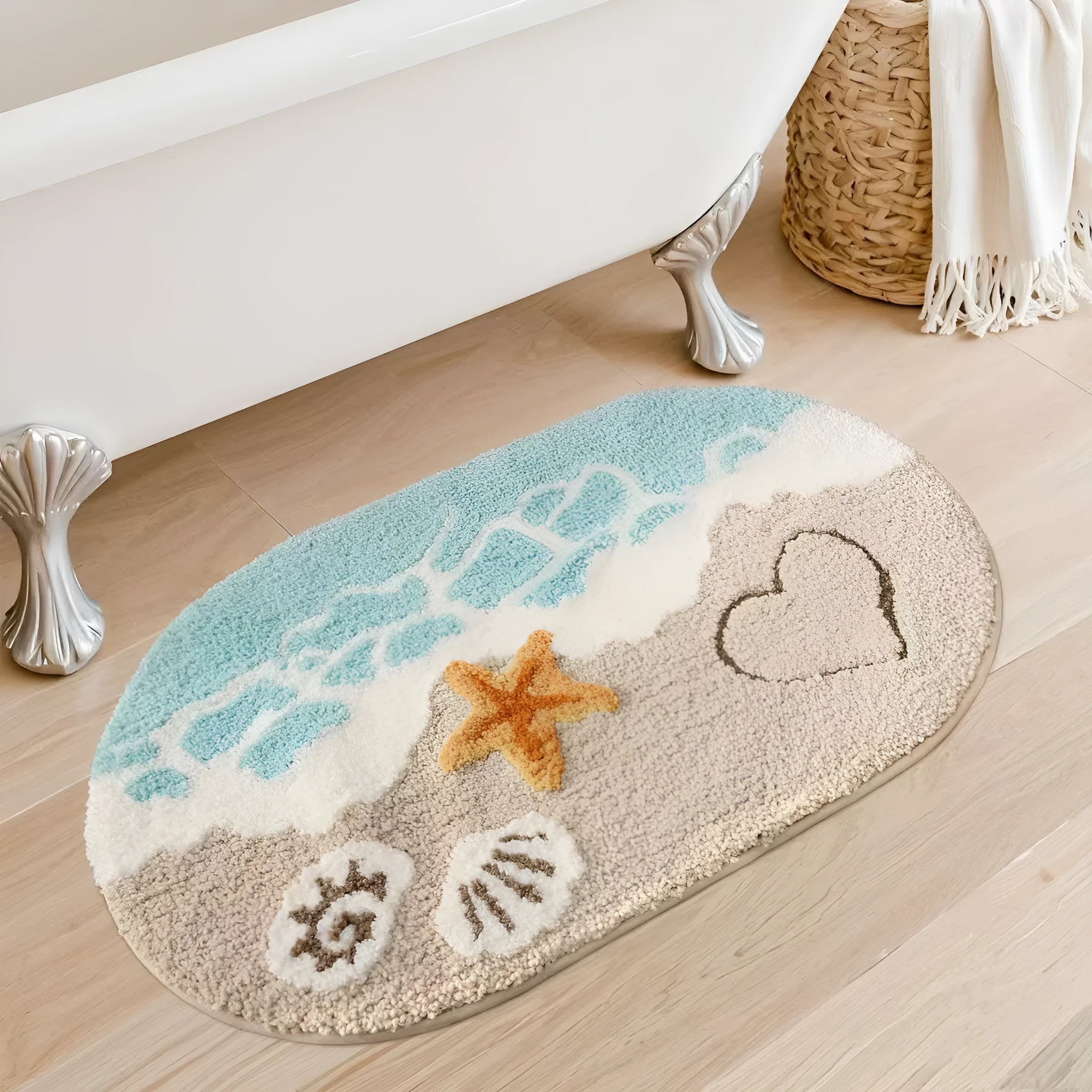 Cashmere carpet floor mat with rainbow pattern in sky sea colour showing plastic bottom layer