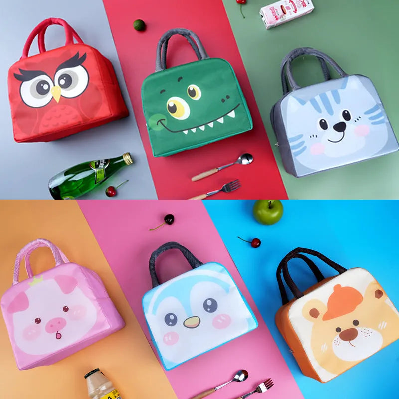 Cartoon insulated lunch bag in Oxford cloth with aluminium foil lining for heat preservation.