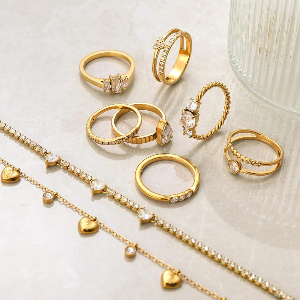 Geometric titanium steel ring with zircon stones in a silver-tone finish.