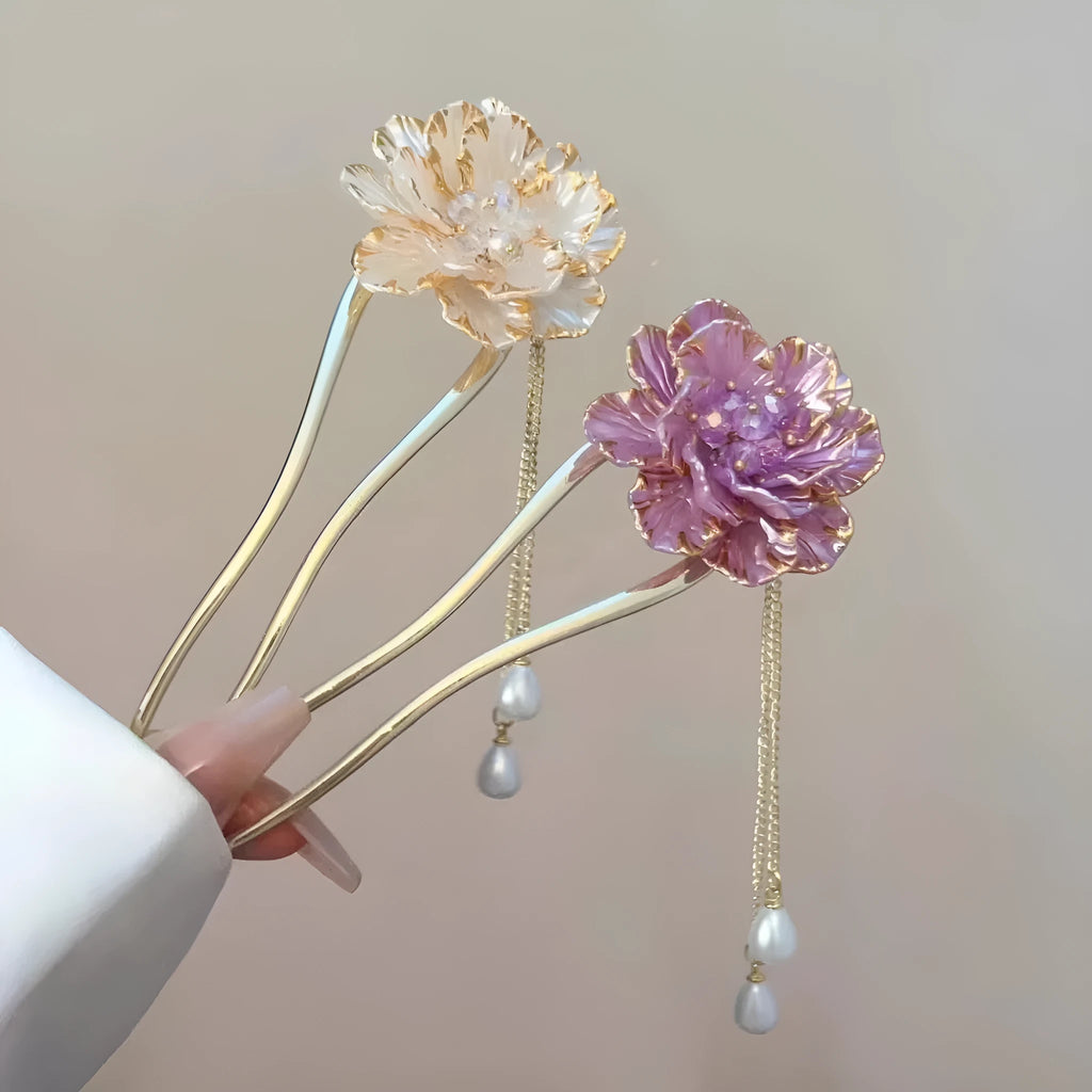 Purple and white peony flower tassel U-shaped hairpin for women with retro design