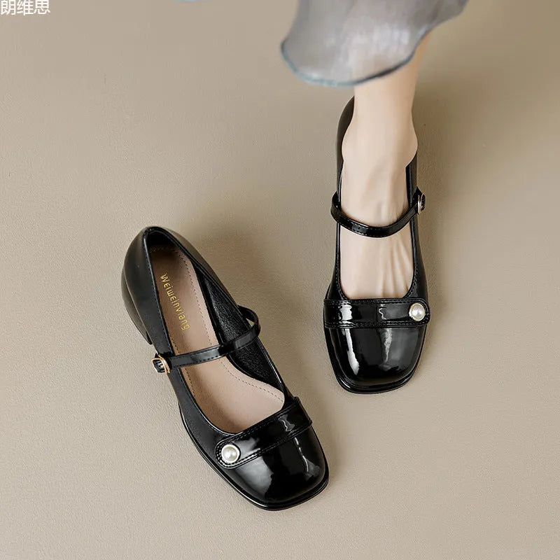 French style patent leather hiking pumps with chunky square-toe heel and buckle fastening in three colour options