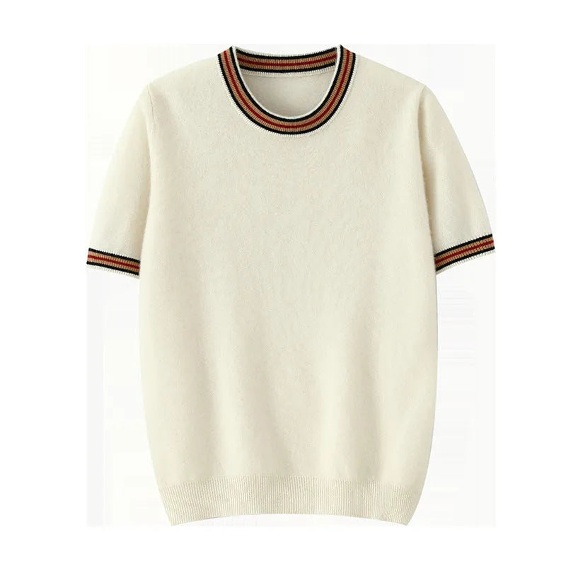 Men's pure wool short sleeve sweater with round neck in white, grey or black colours