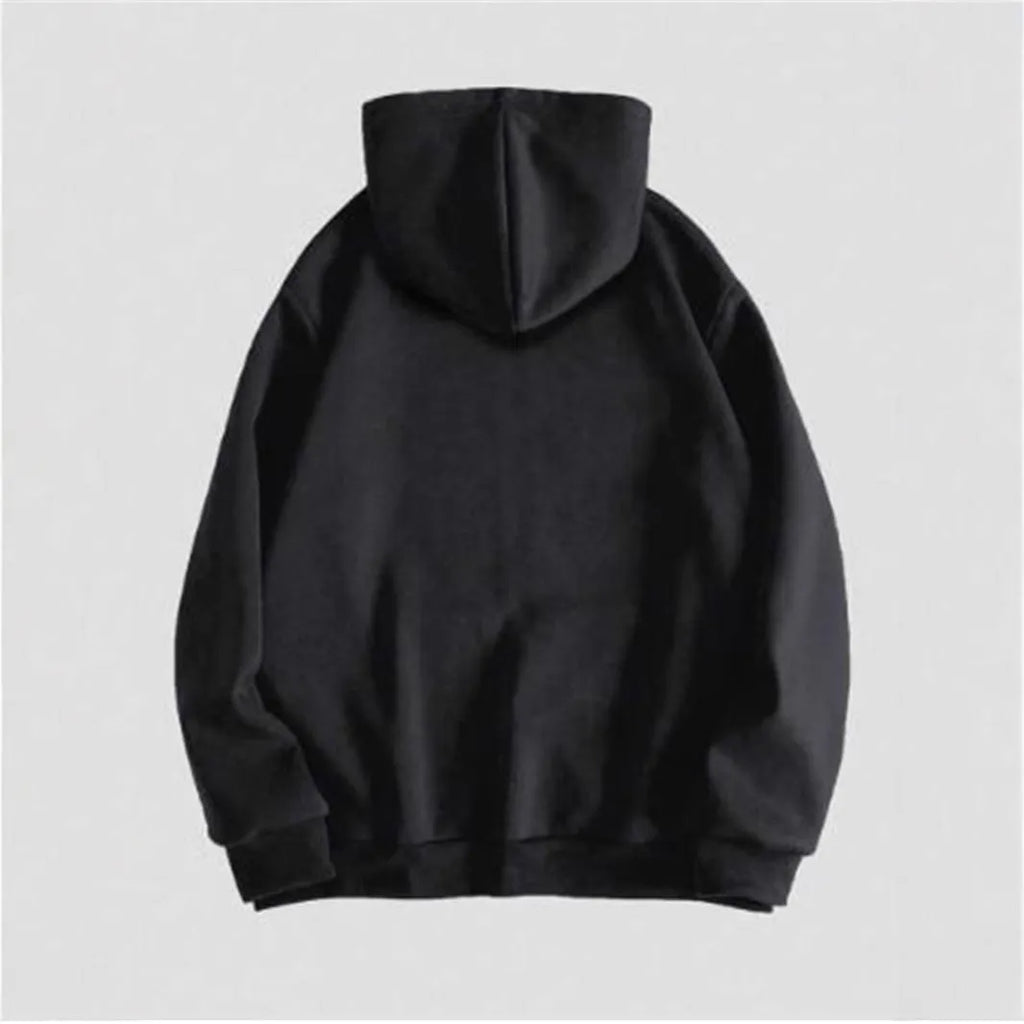 Men's black hooded sweatshirt with skull hot stamping print showing front view