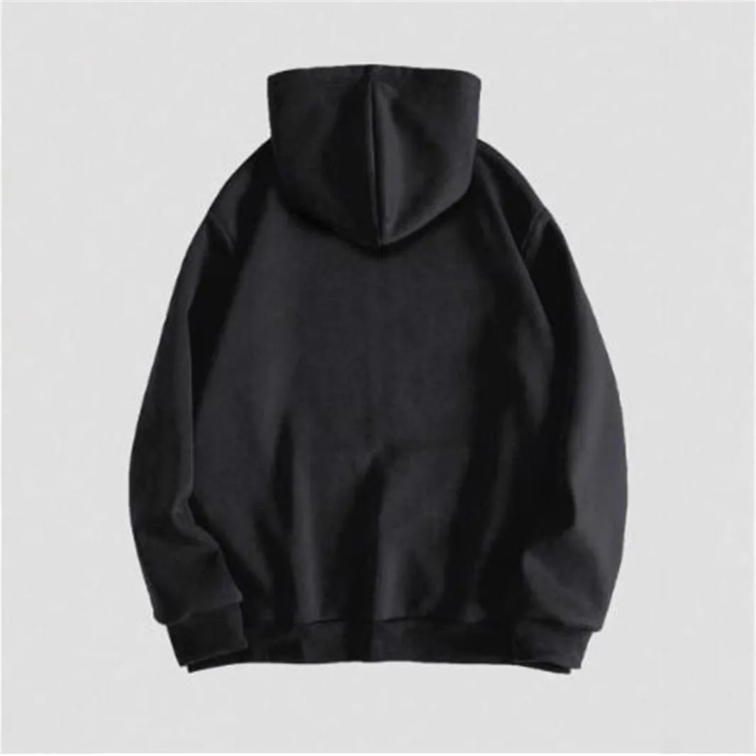 Men's black hooded sweatshirt with skull hot stamping print showing front view