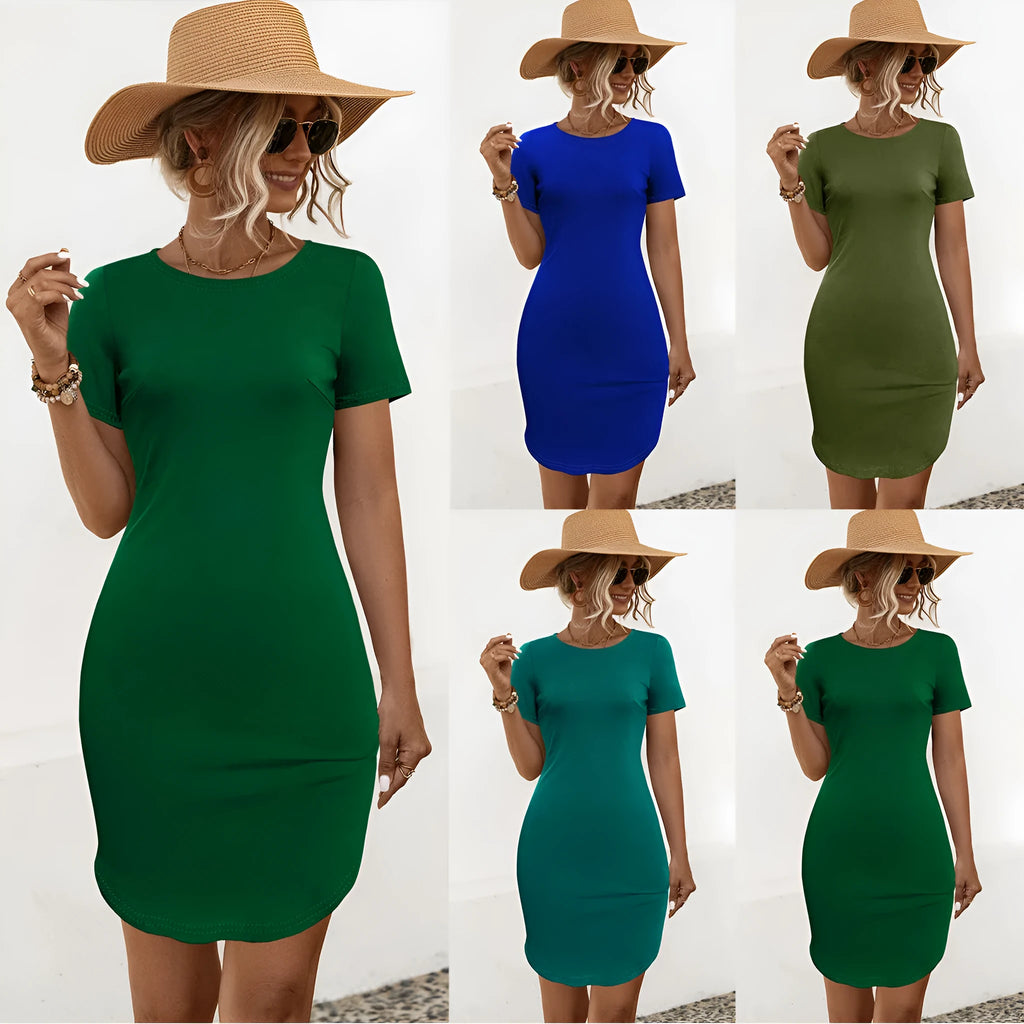 Women's slim-fit short sleeve dress in Army Green with a U-shaped split at the hem.