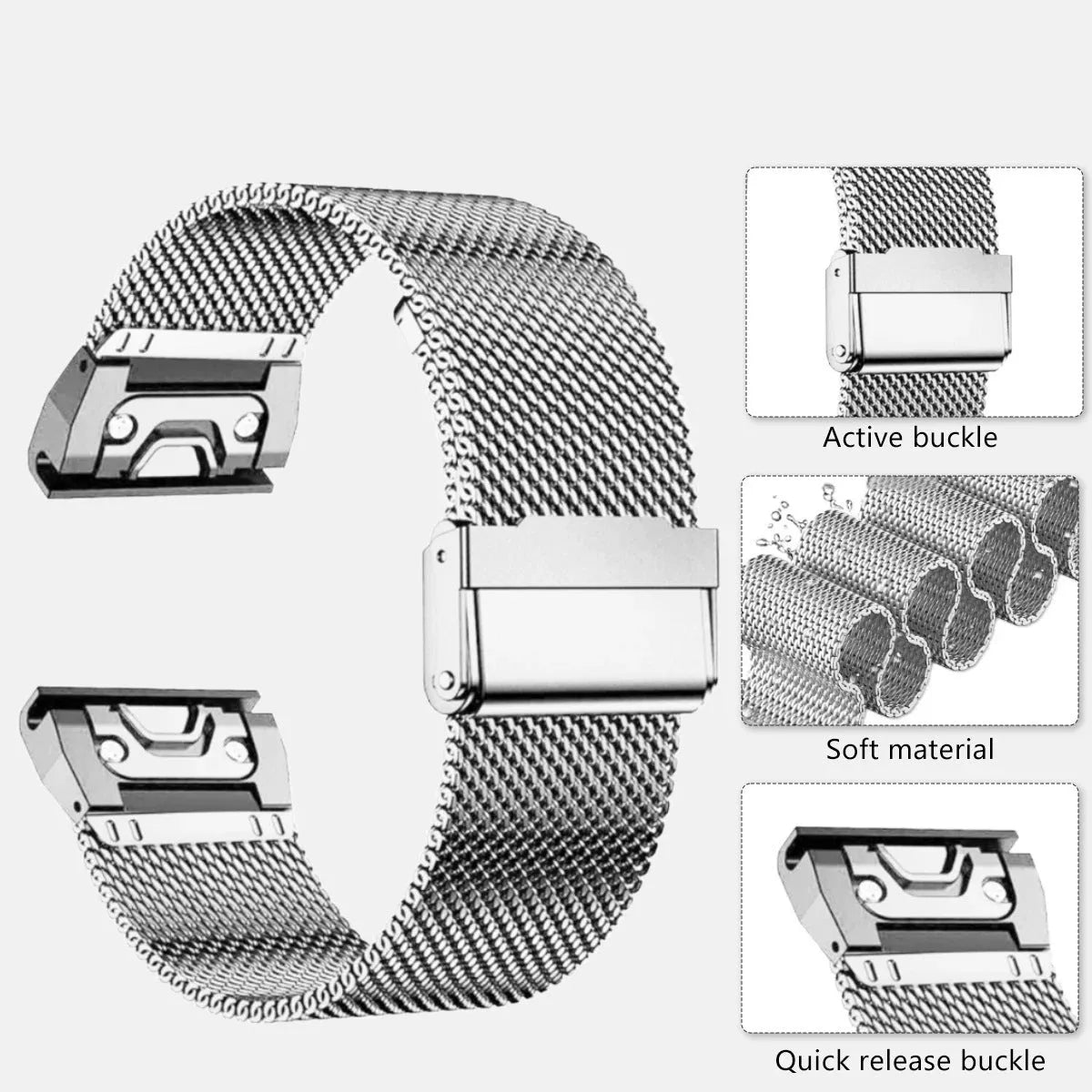 Stainless steel Garmin Fenix watch strap with card-carrying function in silver, black, gold and rose gold colours