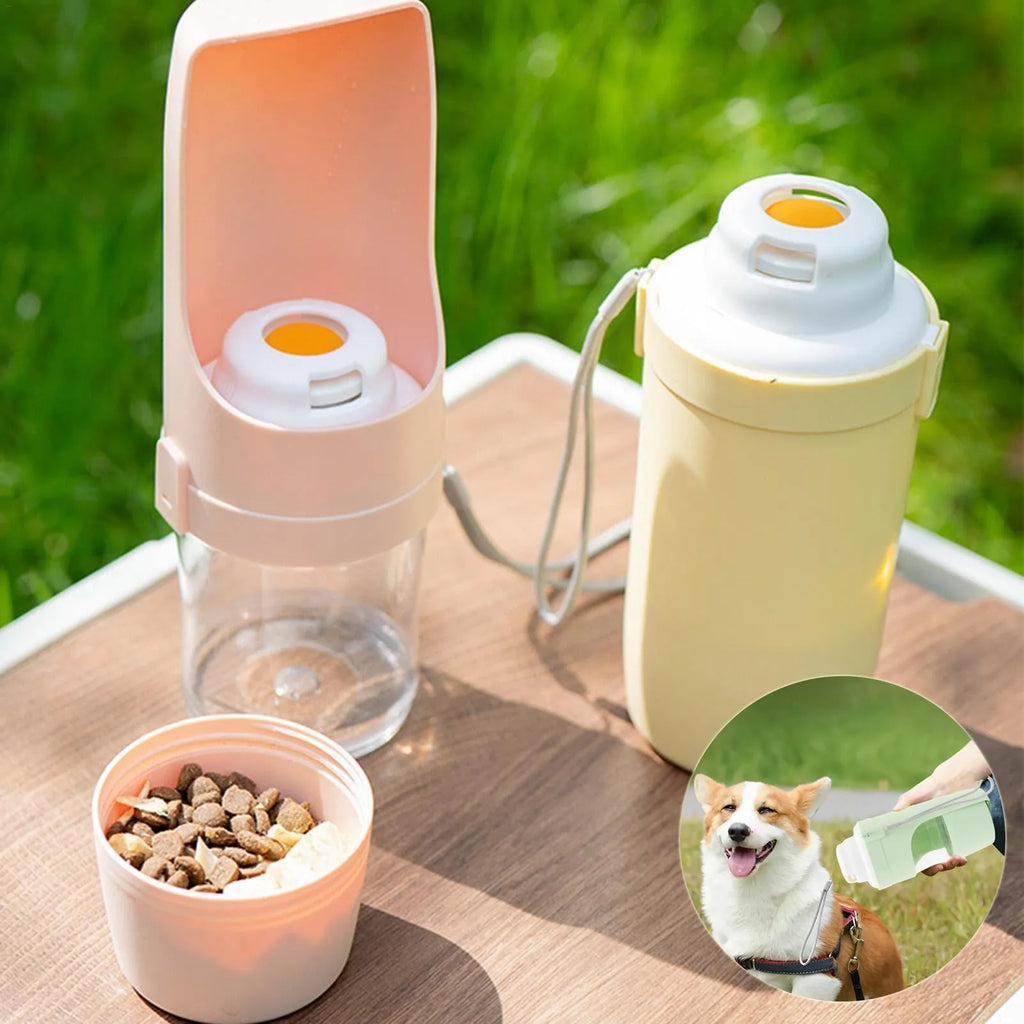 Gray 2-in-1 travel dog water bottle and feeder with lanyard, showing folding design and drinking cup.