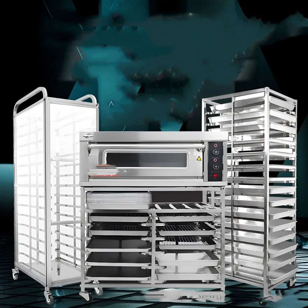 Six-tier stainless steel baking cooling rack with locking mechanism for 40x60cm trays.