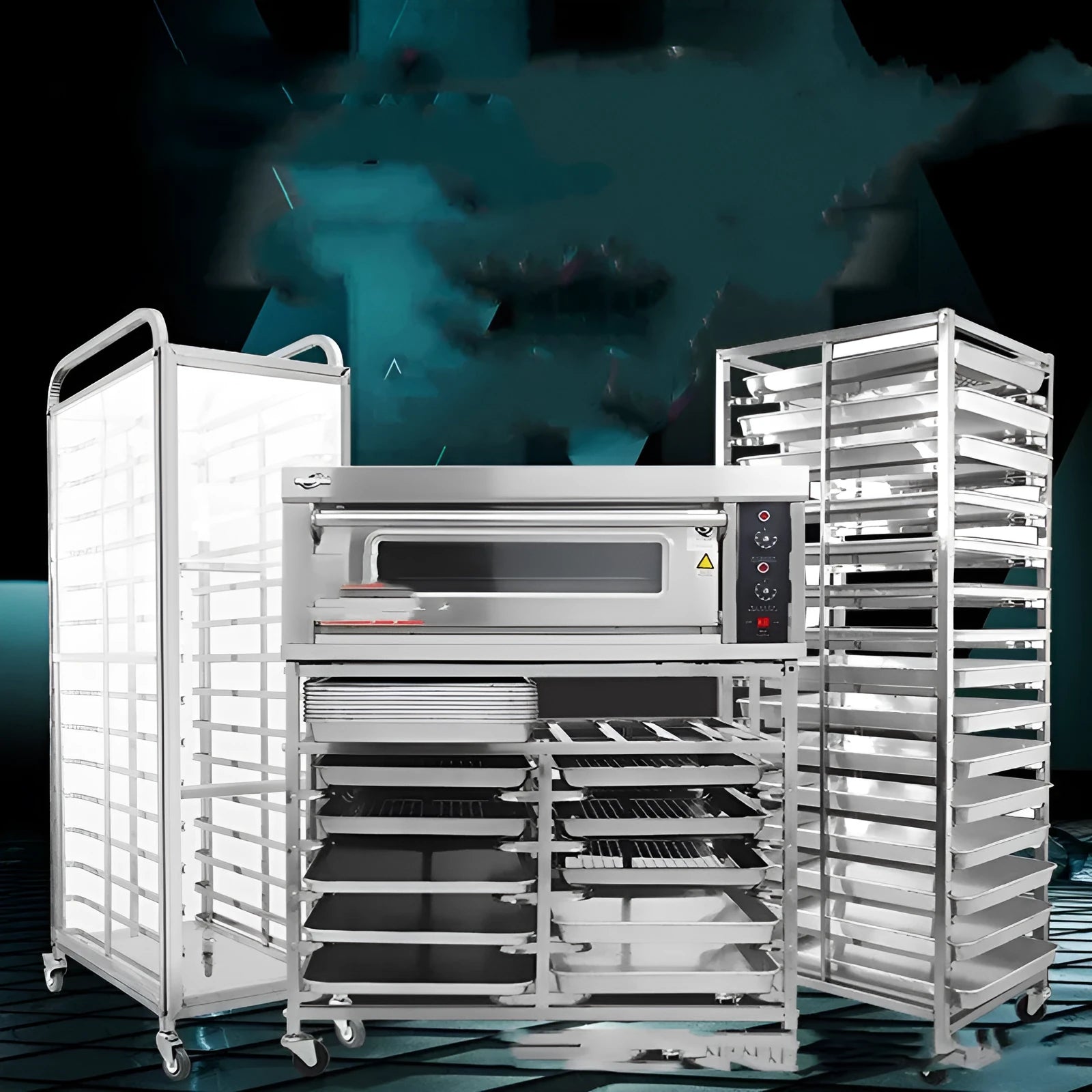 Six-tier stainless steel baking cooling rack with locking mechanism for 40x60cm trays.
