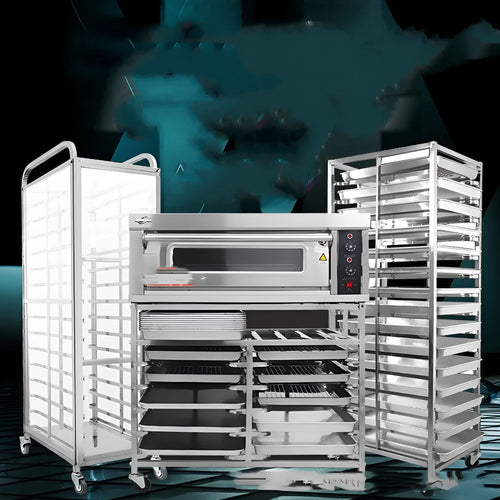 Six-tier stainless steel baking cooling rack with locking mechanism for 40x60cm trays.